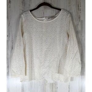 Loft Ivory Floral Lace Button Back Top 3/4 Sleeve Medium Coquette Fairy Feminine
